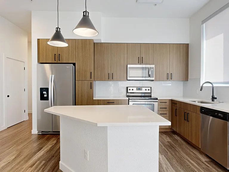 Apartment kitchen with stainless steel appliances, quartz countertops and wood-style flooring.