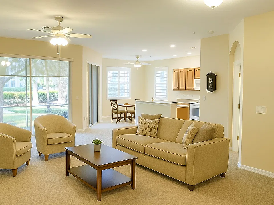 The great room has plenty of space for relaxing and a dining room while the adjacent kitchen offers additional dining and easy access for entertaining. Photo is virtually staged.
