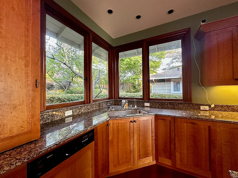 Sink looks out onto courtyard.