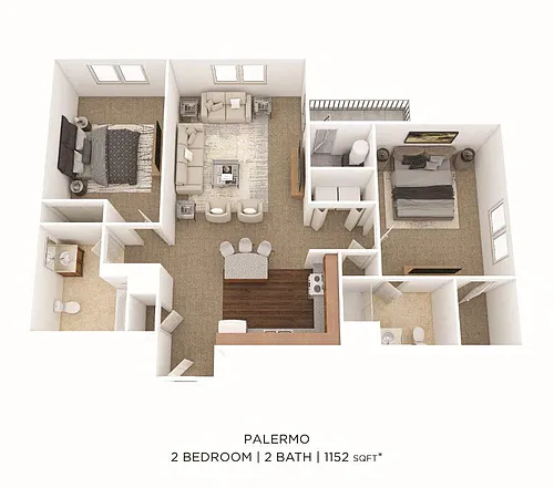 Floor plan Two Bedroom 2 Bath- 1152 sqft