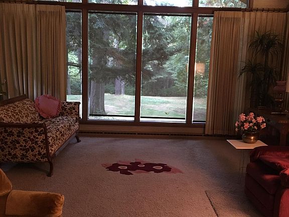 living room cathedral window and ash wood ceiling