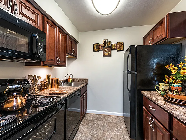 Kitchen with Cherry Cabinets in River Mews Apartments Birch Floor Plan