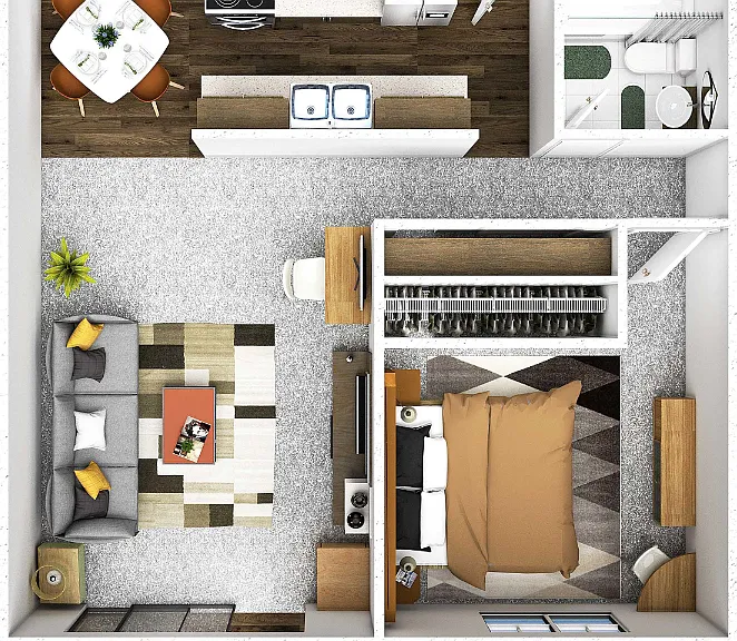 1 Bed 1 Bath Floorplan Diagram