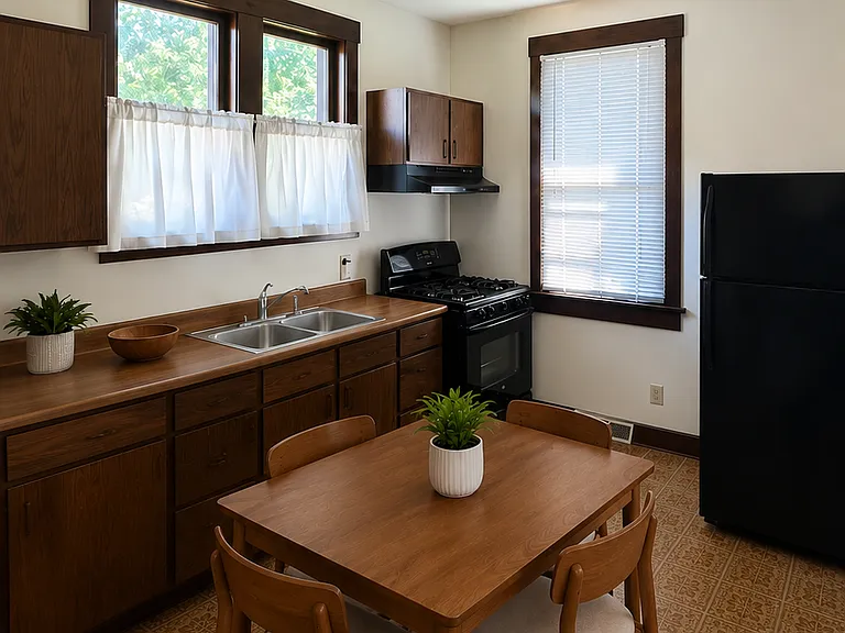 Kitchen upon exiting the bedroom. Staged virtually for ideas.