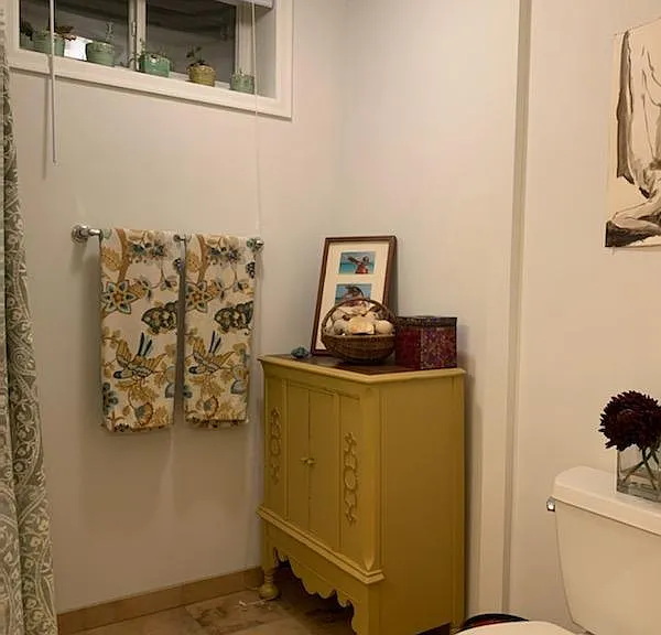 Lower- level bathroom with shower and space for cabinet(s)