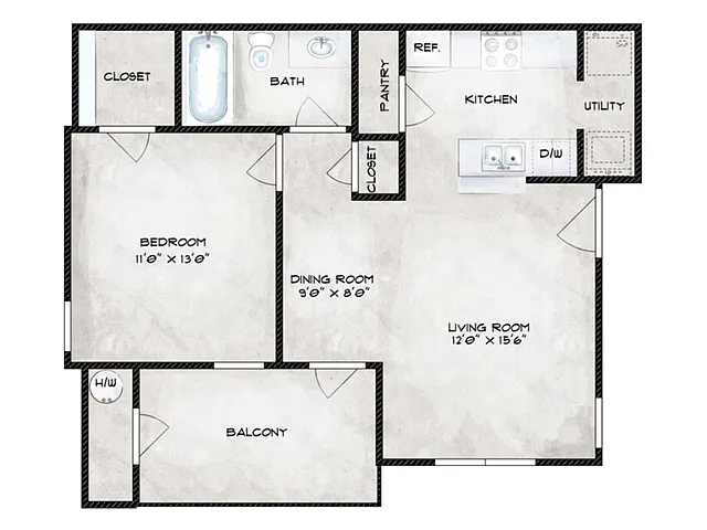 Floor plan 1 Bed, 1 Bath (50% Income Restricted)