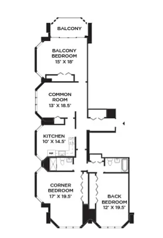 Floor plan Crown Towers- 3 BD 2 BA