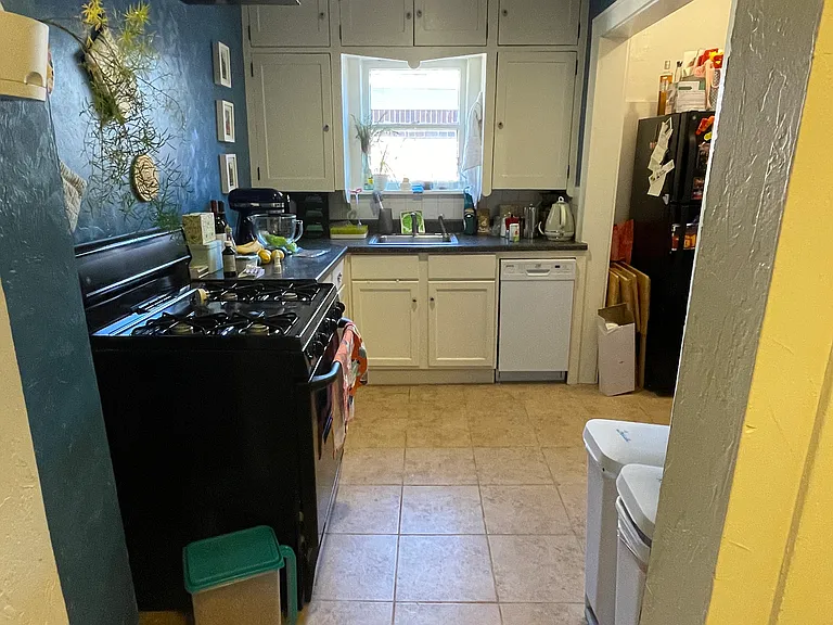 Kitchen, gas stove and dishwasher.
No longe painted blue