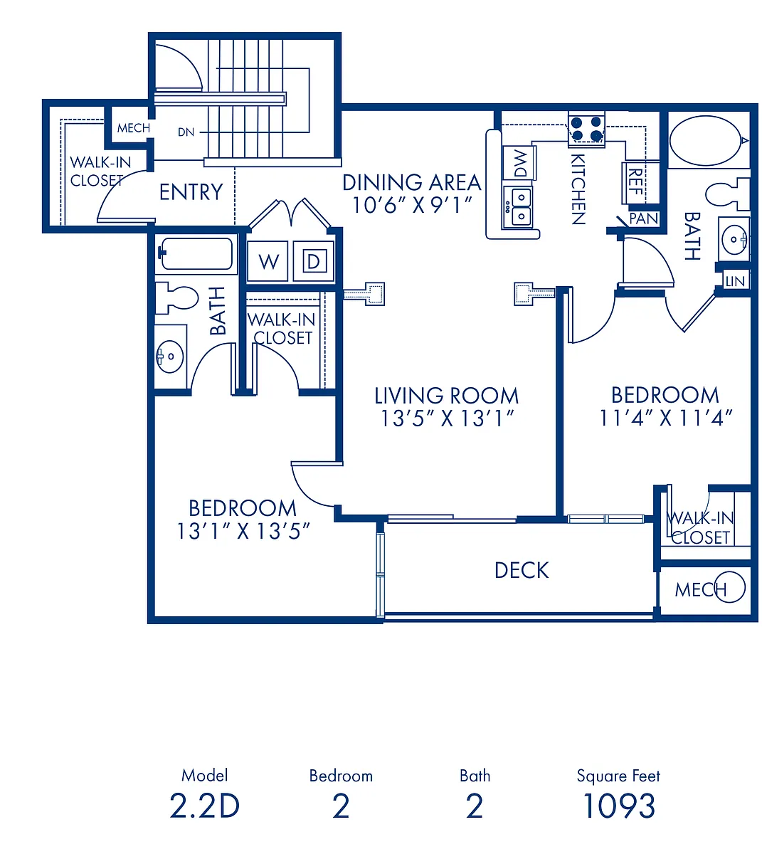 Floor plan 2BR 2BA 1093 Sqft Income Restricted