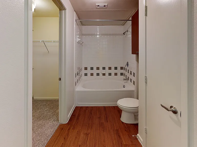 Apartment bathroom with wood-style flooring.