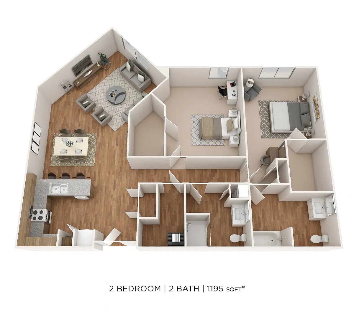 Floor plan Two Bedroom 2 Bath- 1195 sqft