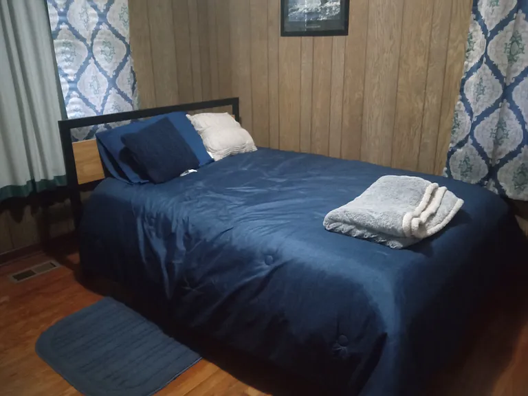 New bedding, pillows, curtains, pictures, and rug.
