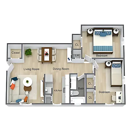 Floor plan Two Bed, One Bath
