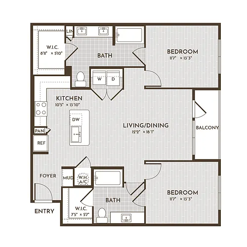Floor plan 2BR 2BA (1091 SF)