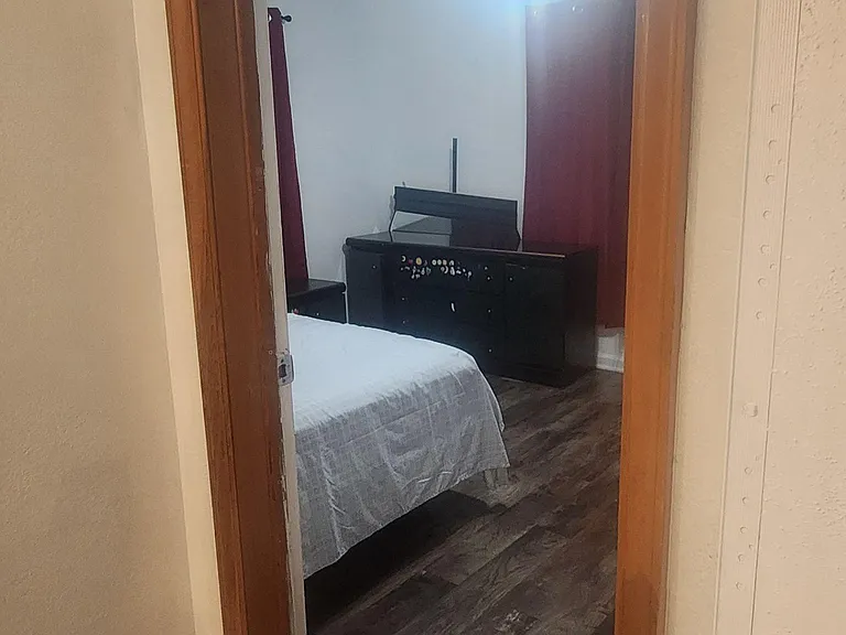 Bedroom with wood-look flooring, ceiling fan light, and space for a bed plus dresser/nightstand.