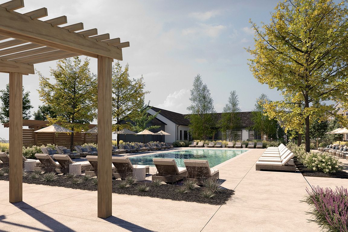 Resort Style Pool and Patio with Lounging Areas and Pergola