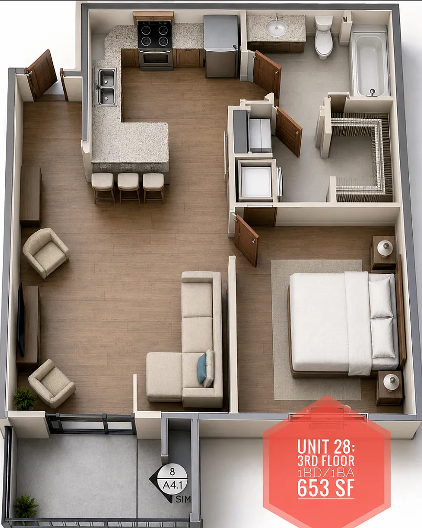 1 BD 1 BA 3rd Floor w/ wood view — Photo 3