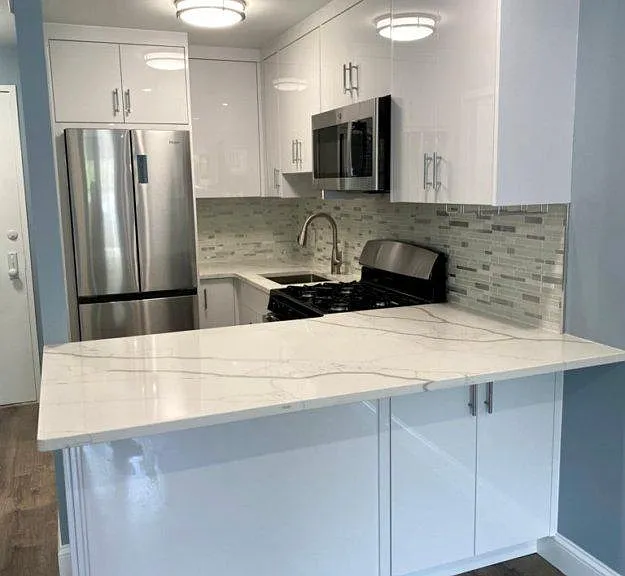 Newly renovated kitchen with countertop dining area