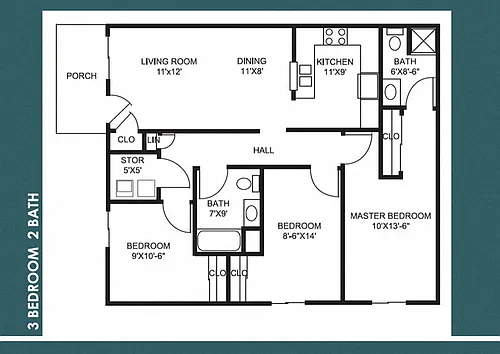 Floor plan 3 Bedroom WD Hookups