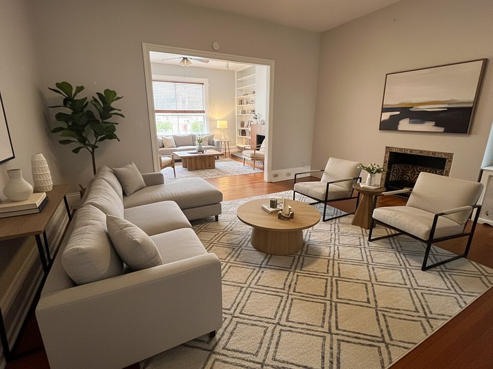Living room with decorative fireplace