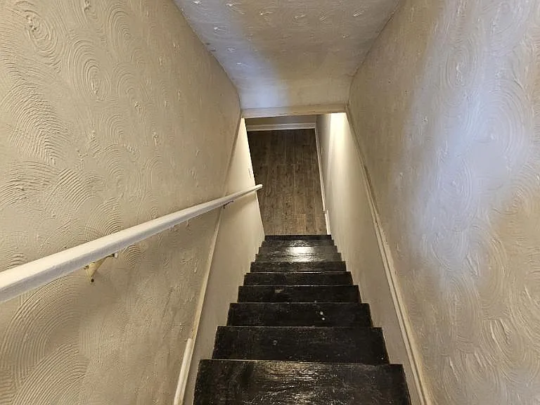 View from kitchen down to basement