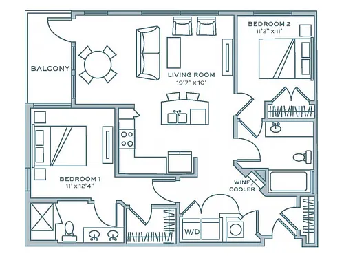 Floor plan Two Bedroom Two Bath (1087 SF)