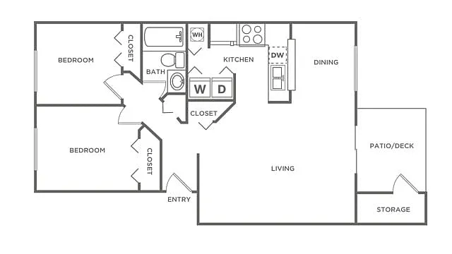 Floor plan Two Bedroom One Bath (868 SF)