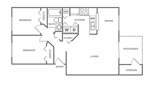 Floor plan Two Bedroom One Bath (868 SF)