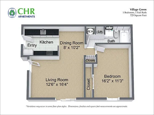 Floor plan 1 Bed/1 Bath with Large Living Room
