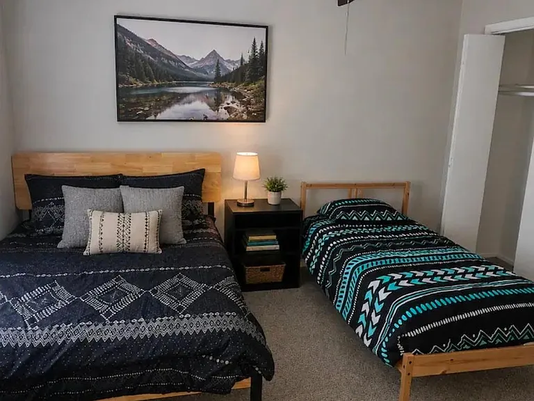 Furnished bedroom with two beds, a nightstand with lamp, ceiling fan, and carpeted floor plus an open closet for storage.