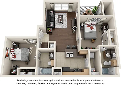 Floor plan 2/2 with Wood-Style Floors and Pool View