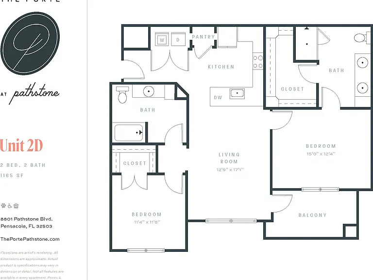 The Porte, 2D, This spacious two bedroom/two bathroom home includes large bedrooms, walk-in closets and a large kitchen with pantry.
