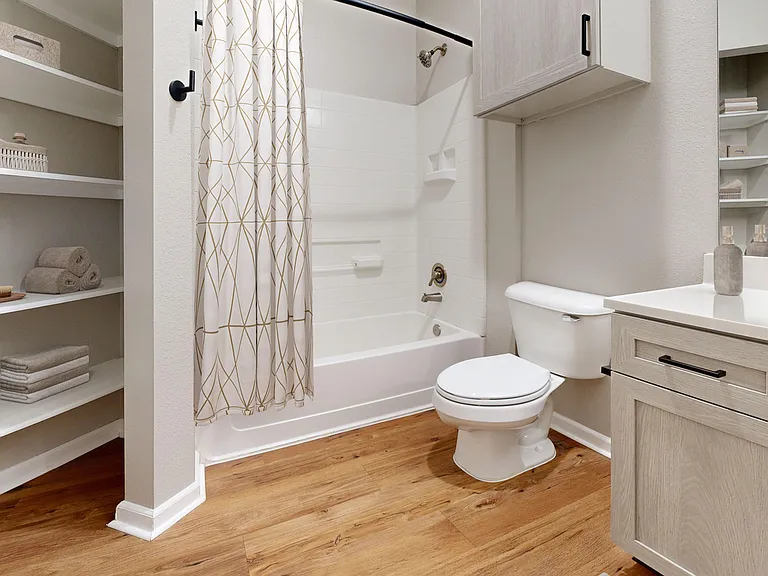 Renovated Bathroom with Shelving