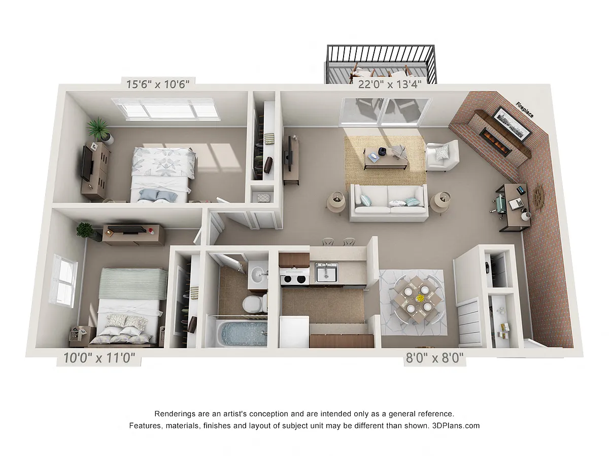 Floor plan Hazelnut2 Bedroom, 1 Bath w/Patio (Fireplace)