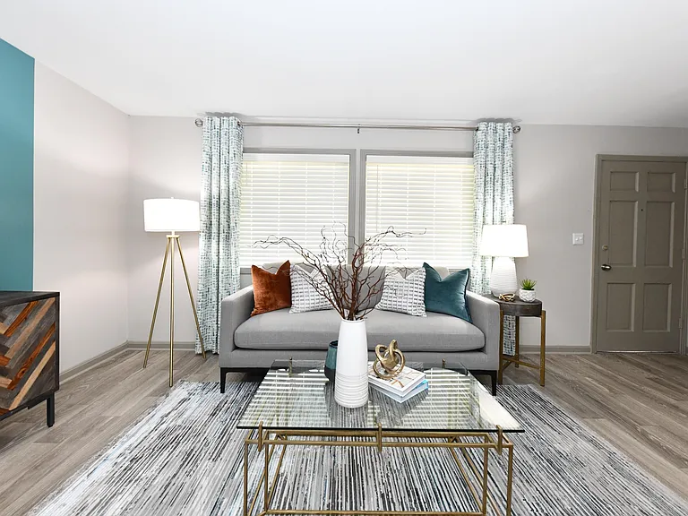 Spacious living room with hardwood-style flooring