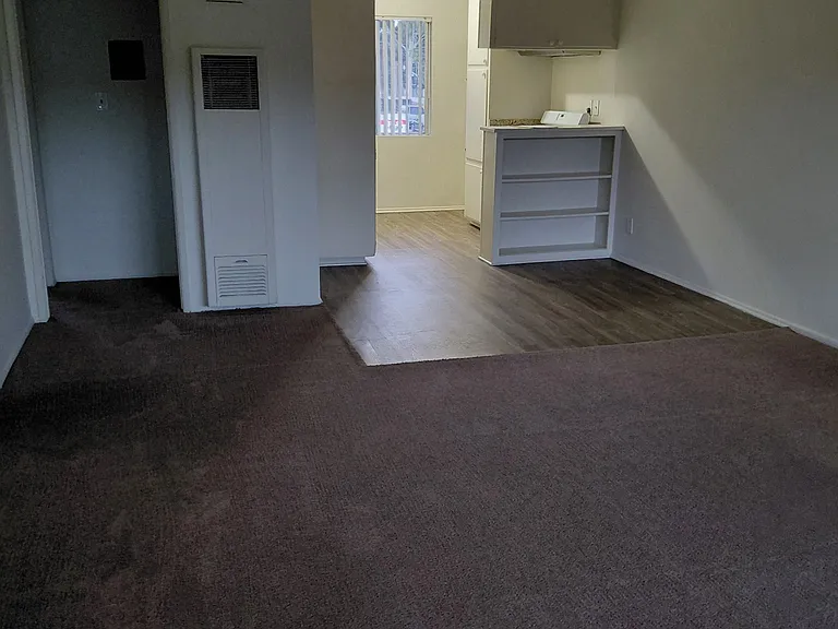 Front door view of living room, dining area with vinyl flooring and updated kitchen.