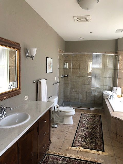 Bath with glass enclosed stand-up shower and Jacuzzi tub.
