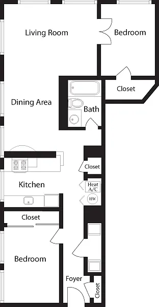 Floor plan K-BC Two Bedroom, One Bathroom