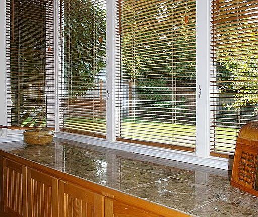 Bay window with built ins & marble.