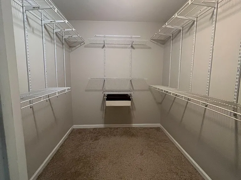 Large walk-in closet with wraparound wire shelving and carpeted flooring for easy, organized storage.