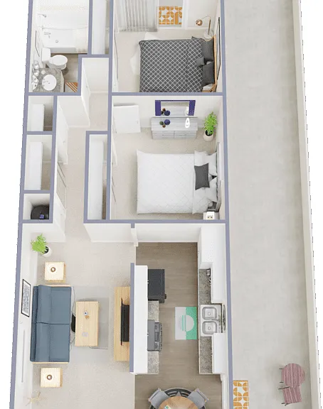 2 Bed 1 Bath B Floorplan Diagram
