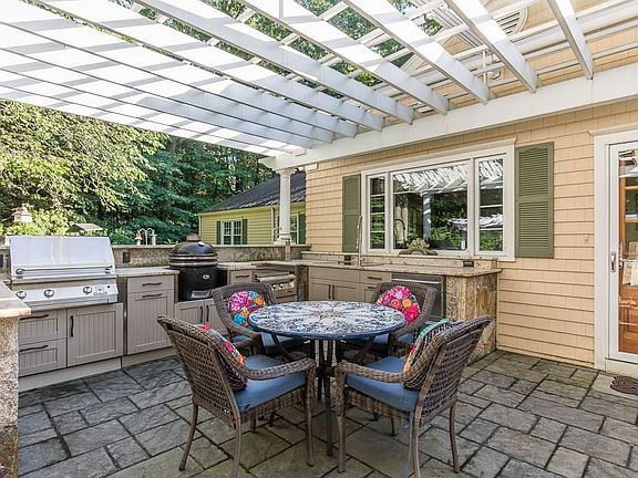 Entertain in style in top of the line outdoor kitchen which features cooper sink, Solaire Infared Grill, Alfresco Power Burner, pot filler, Summit drawer refrigerator, Saffire Smoker, pizza oven and custom fire pit and more!