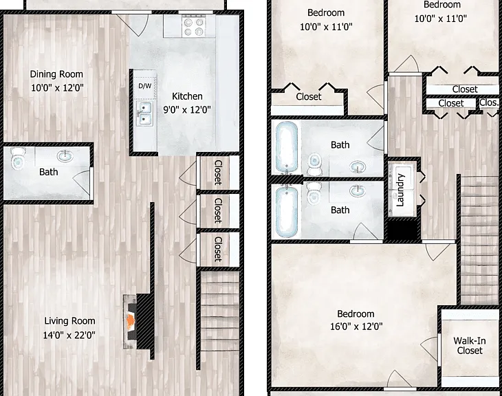 3 Bed 2.5 Bath Townhome Floorplan Diagram