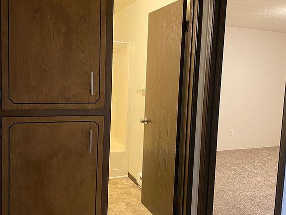 Linen closet conveniently situated between bedrooms and bathroom