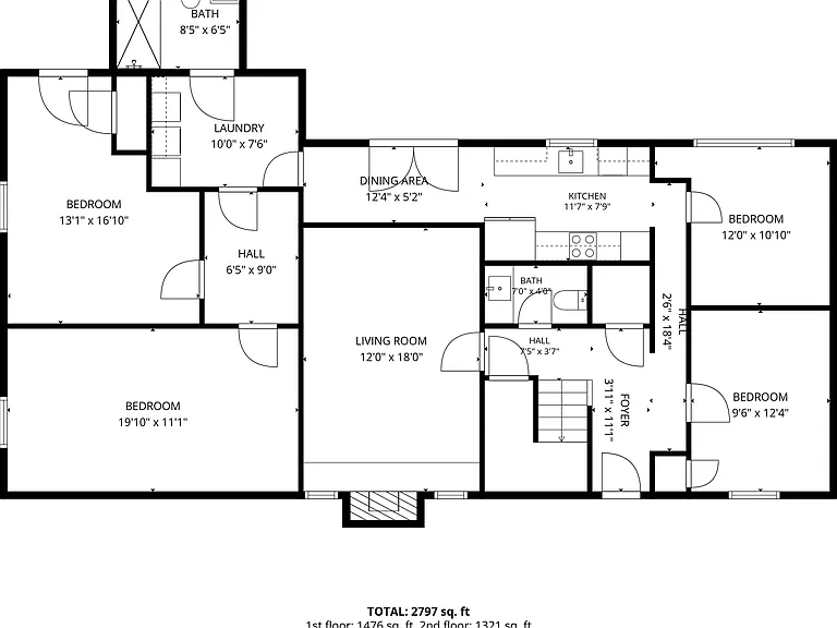 Detailed floor plan outlines the home's layout with multiple bedrooms, a central living room, kitchen, dining area, and baths