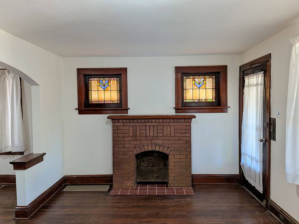 Decorative fireplace, original stained glass