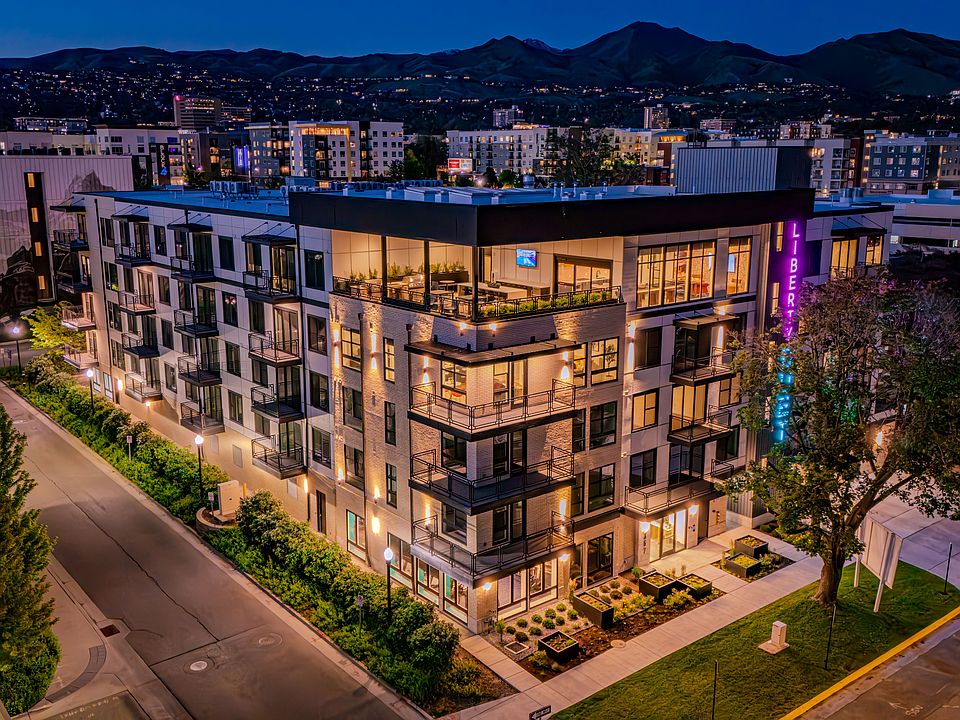 Liberty Duet Apartments, Salt Lake City, Utah; exterior well-lit front at night.