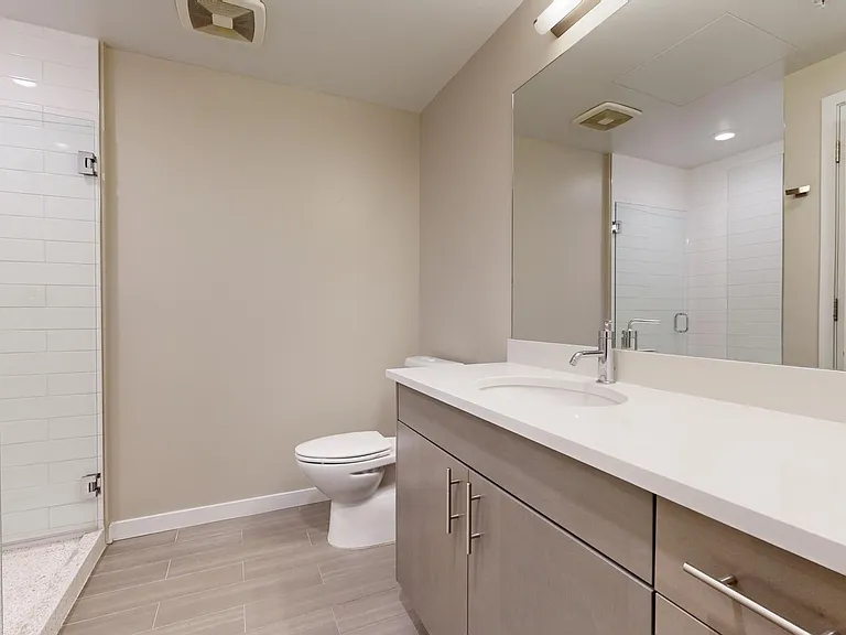 Apartment bathroom with wood-style flooring.