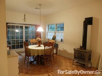 Dining room with gas stove for cozy heat