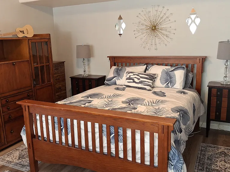 Bedroom and dresser area.